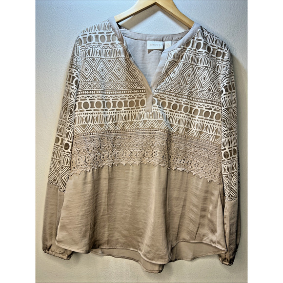 Chico's Large chicos Popover Top Size 2 Beige Geometric Boho Lace embroidered - Picture 1 of 9